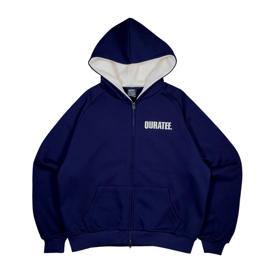 TWO TONE BOLD FONT MIX FABRIC ZIP HOODIE (NAVY/CREAM)