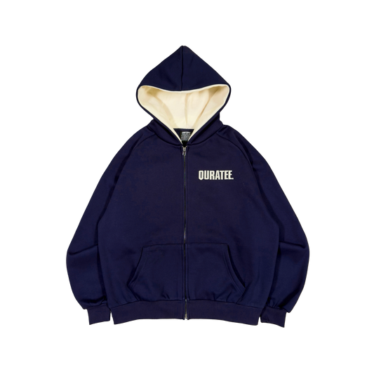 TWO TONE BOLD FONT MIX FABRIC ZIP HOODIE (NAVY/CREAM)